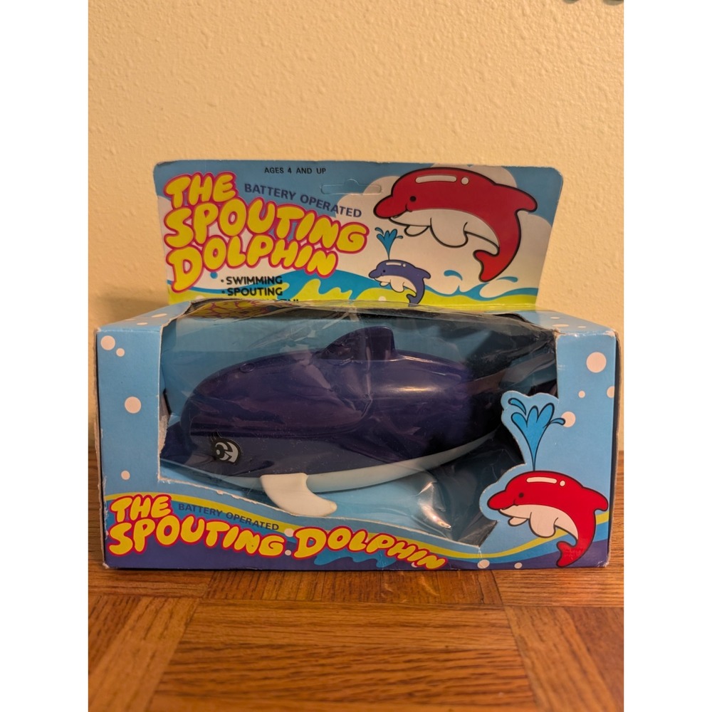New The Spouting Dolphin Bath‎ Toy Blue Swimming Battery Operated Wags Tail Vtg